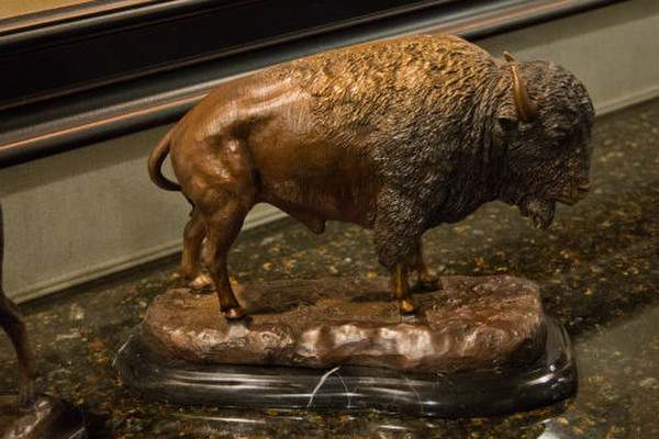 Buffalo Bronze Tabletop Sculpture Real Marble Base Museum Statue